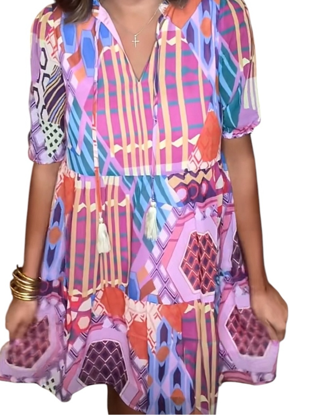 NWT THML Abstract Tasseled Viral Tik Tok Dress XS Multi Pattern & Color